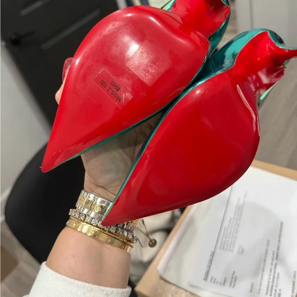 Christian Louboutin Metallic Teal Pointed Toe Pumps with Red Drawstring Pouch - Picture 3 of 4